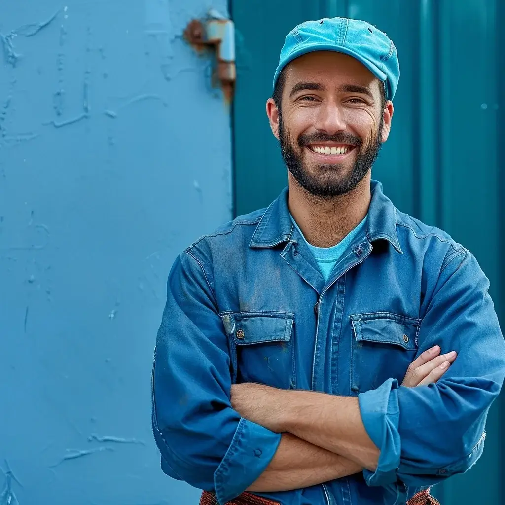 Über uns: Ein lächelnder Schlosser in Uniform, der unsere Dienstleistungen erbringt.