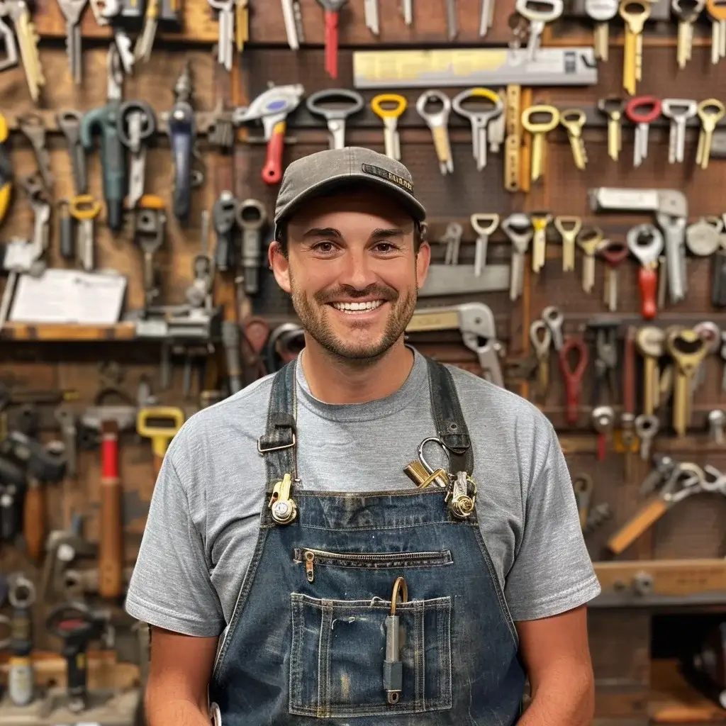 Ein Schlüsseldiensttechniker in Uniform in seiner Werkstatt