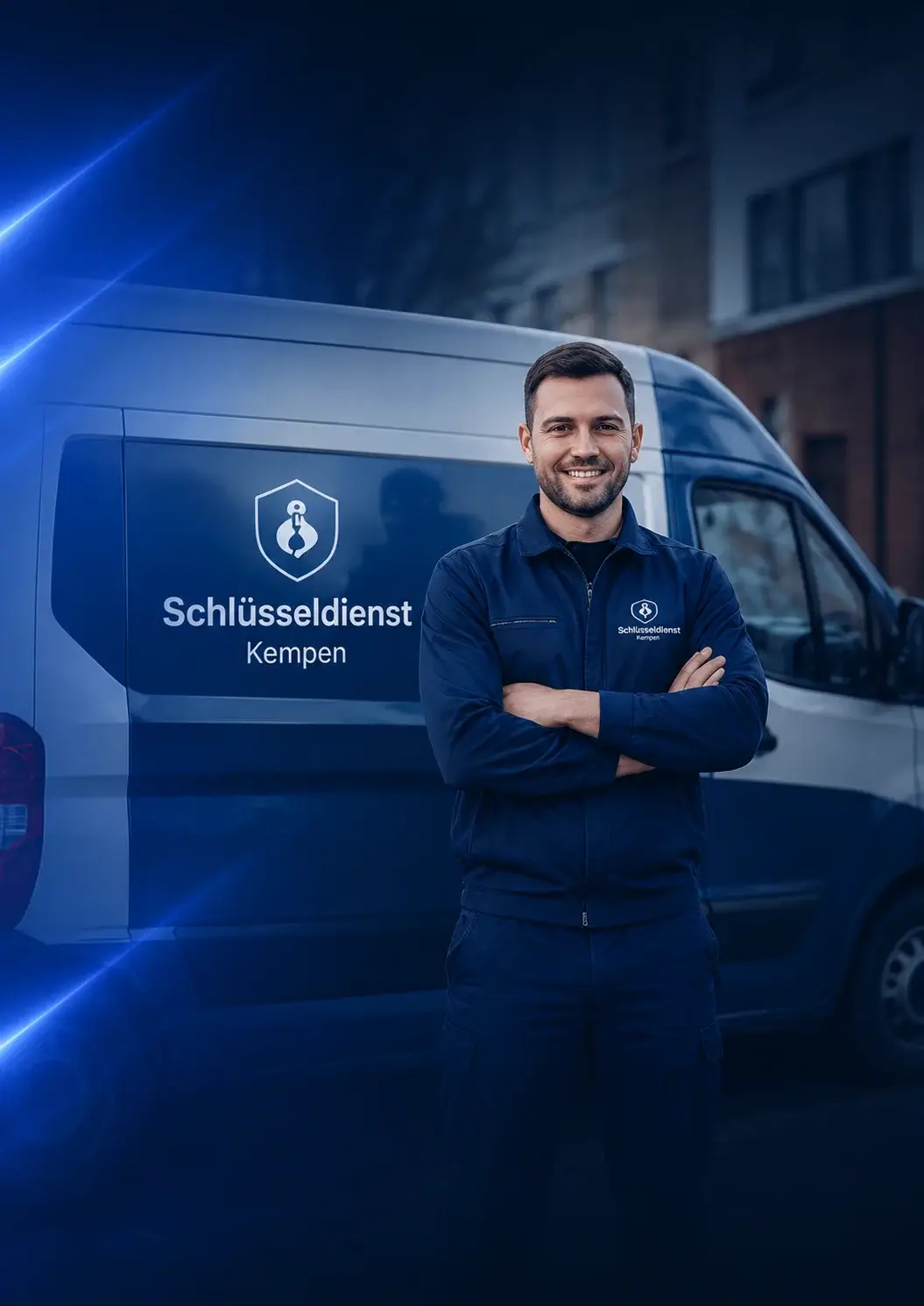 Schlüsseldienst-Techniker von Schlüsseldienst Kempen vor einem Servicefahrzeug