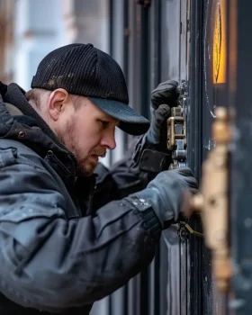 Ein Schlosser, der mit Werkzeug arbeitet, um ein Schloss zu öffnen