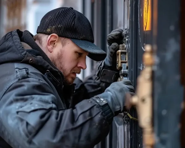 Ein Schlosser, der mit Werkzeug arbeitet, um ein Schloss zu öffnen