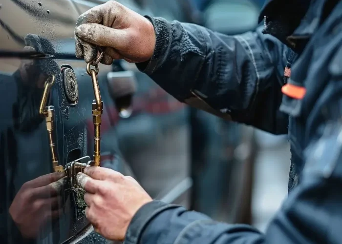 Ein Schlosser von Autoöffnung Kempen, der daran arbeitet, das Türschloss eines Autos zu öffnen.