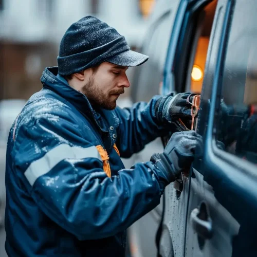 Ein Schlosser von Autoöffnung Kempen, der an der Öffnung eines Autos arbeitet.