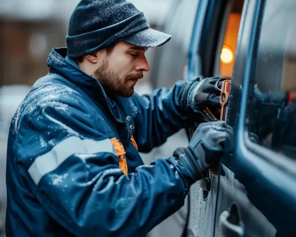 Ein Schlosser von Autoöffnung Kempen, der an der Öffnung eines Autos arbeitet.