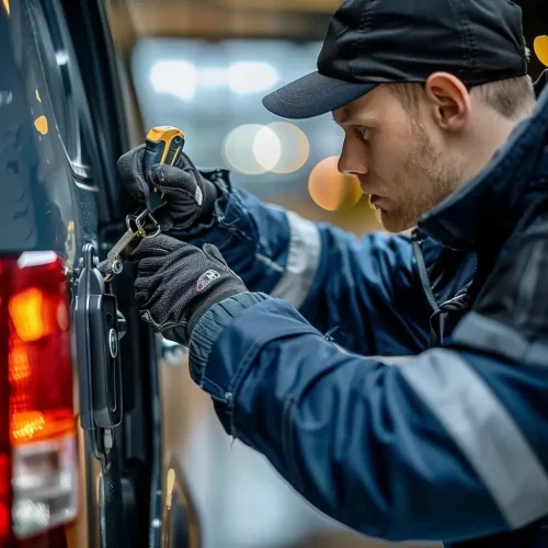 Ein Schlosser von Autoöffnung Kempen, der ein Auto mit einem Schlosserwerkzeug öffnet.