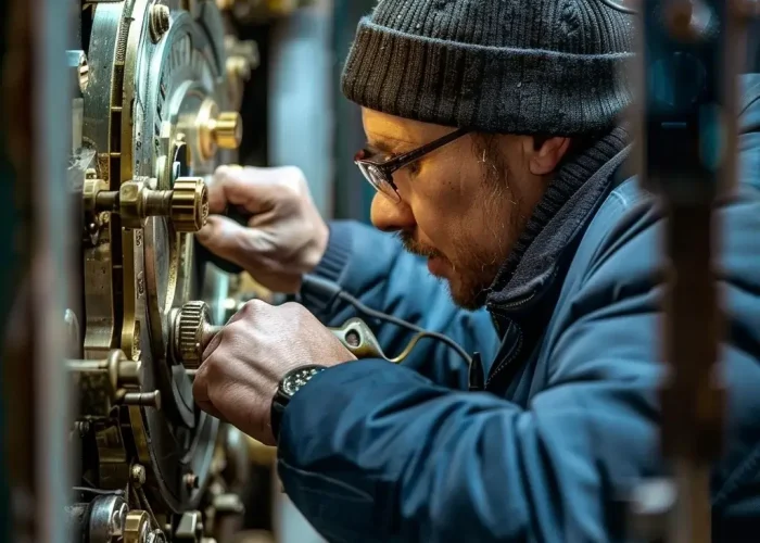 Ein Schlosser in Uniform, der bei der Öffnung eines Safes arbeitet, bei Tresoröffnung Kempen.