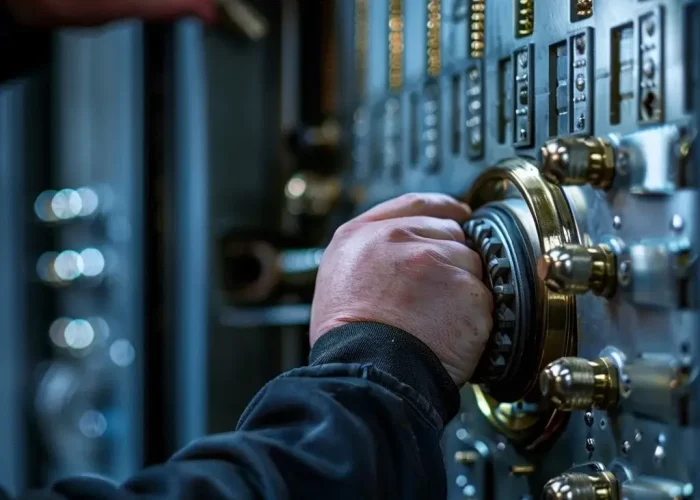 Ein Schlosser, der bei Tresoröffnung Kempen daran arbeitet, einen Safe zu öffnen.