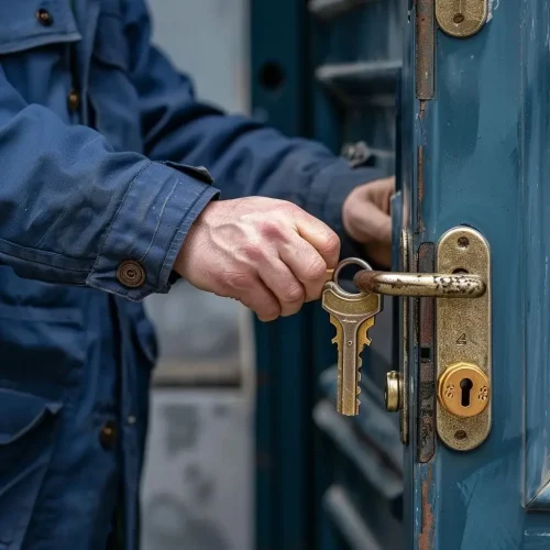 Über uns: Ein Schlosser, der ein Schloss mit einem Schlüssel öffnet beim Schlüsseldienst Kempen.