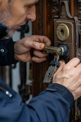 Ein Schlosser, der ein Schloss mit einem Werkzeug öffnet