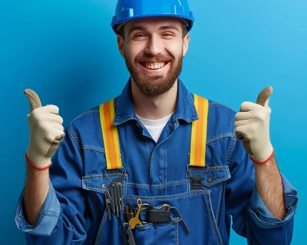 Über uns: Ein lächelnder Schlosser, bereit für die Arbeit