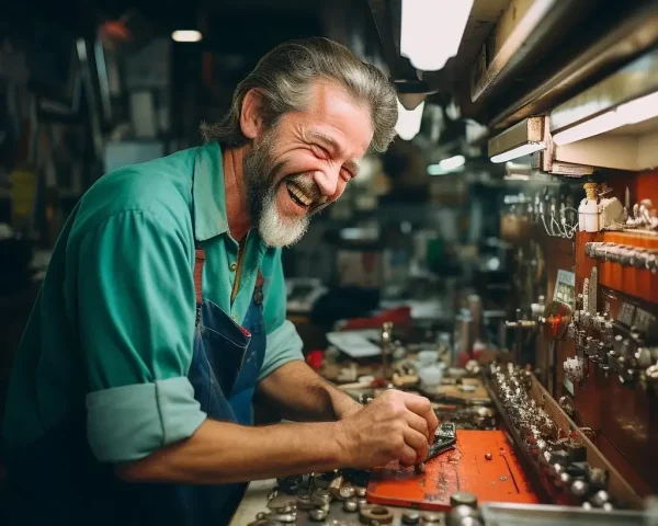 Über uns: Ein grimmig dreinblickender Schlosser in seiner Werkstatt