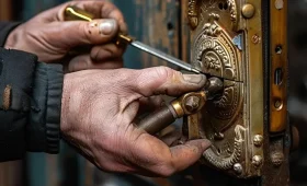 Über uns: Arbeiten an einem Schloss mit Werkzeug beim Schlüsseldienst Kempen.