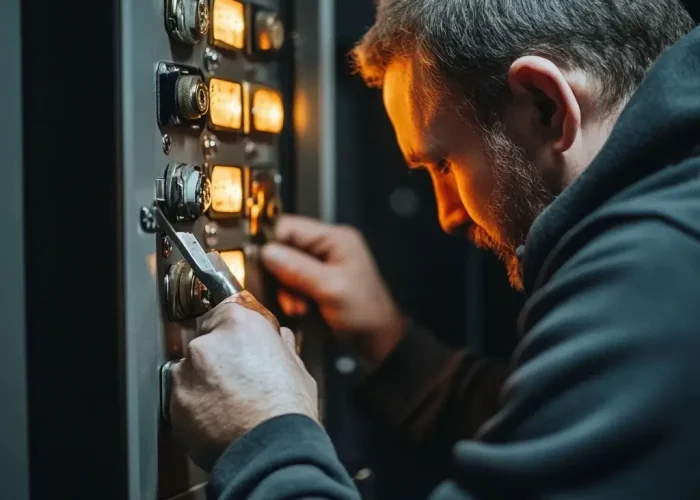 Der Schlosser, der den Tresor repariert.