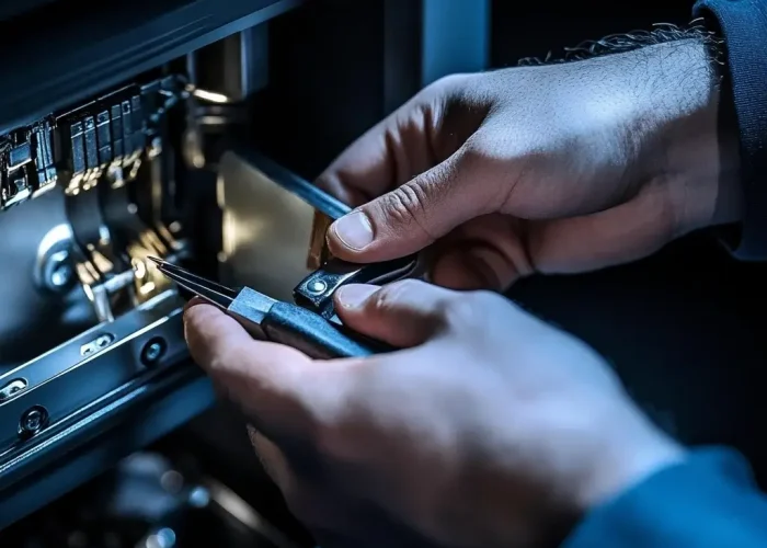 Der Schlosser, der den Tresor repariert.